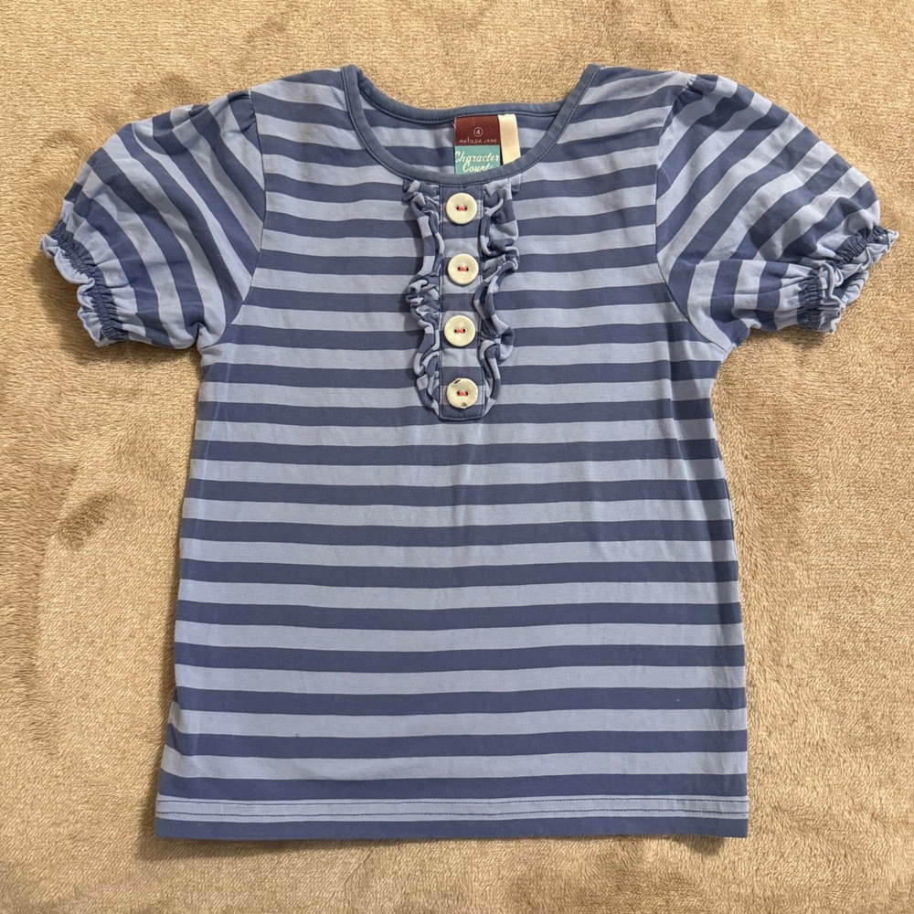 Matilda Jane Girls Character Counts Charmer Blue Striped Ruffle Puff Top 4